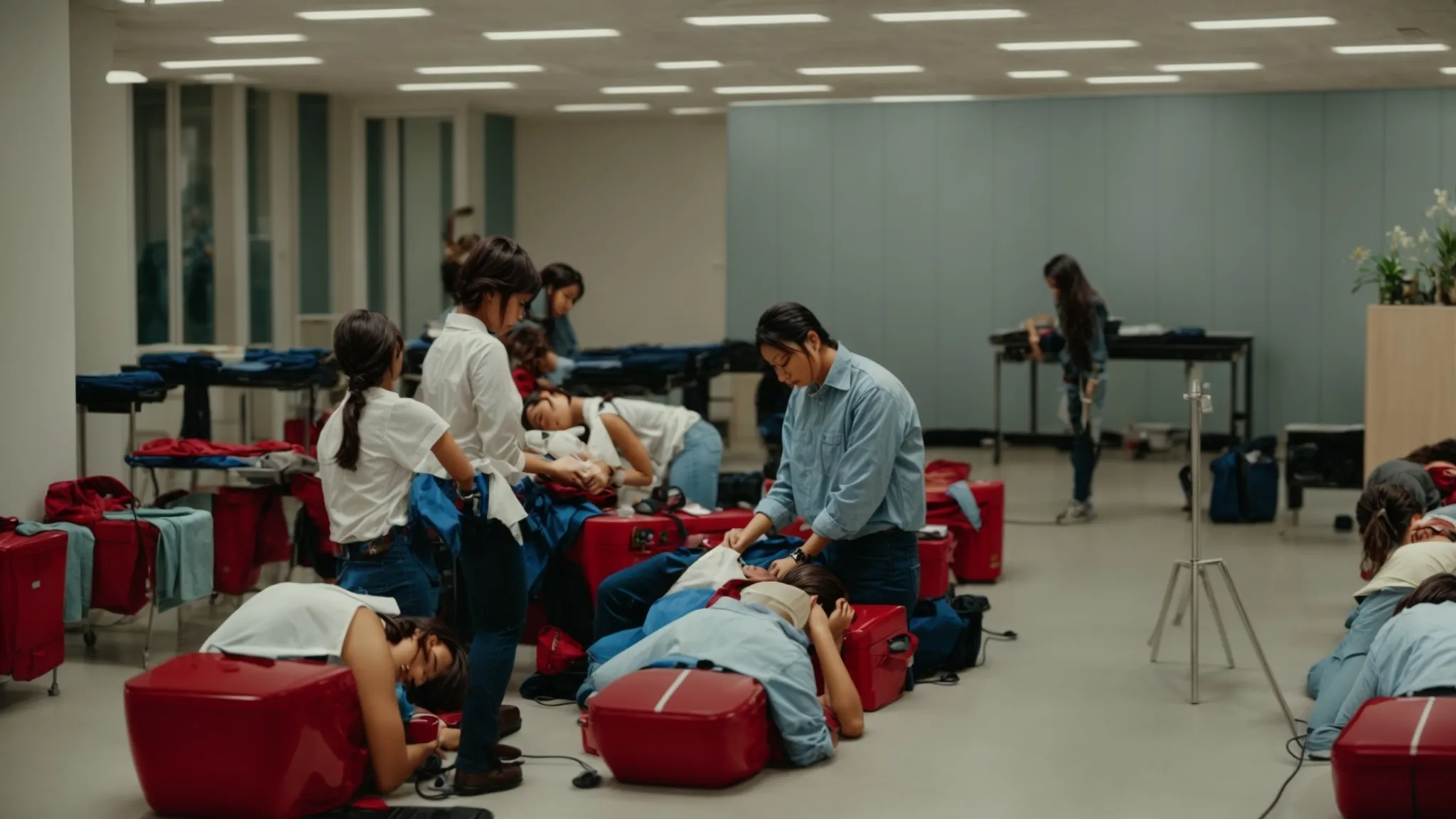 a group of adults practicing cpr on mannequins in a well-lit classroom.