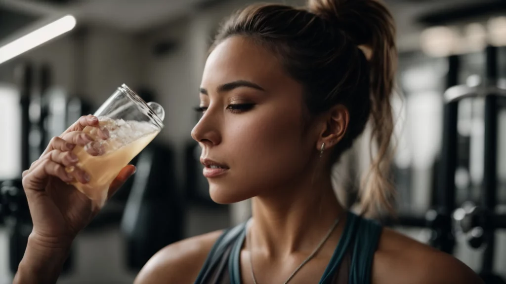 a woman drinking water from a clear glass after a workout, with a small sachet of electrolyte powder next to her.