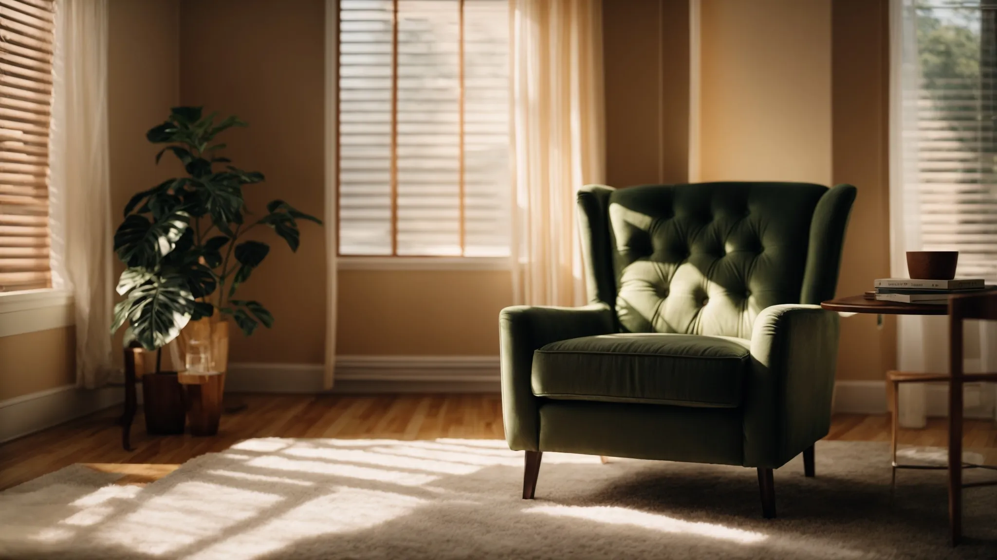 a single chair faces a therapist's couch in a cozy, sunlit room, conveying a setting of personal growth and healing.