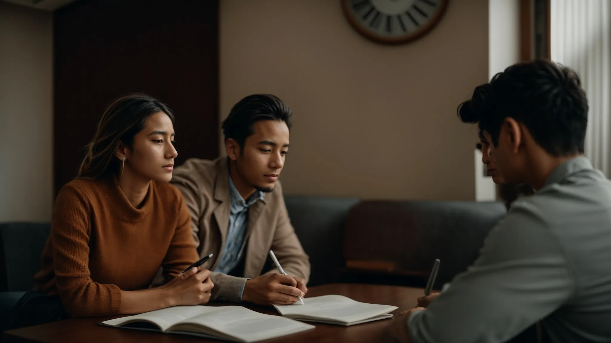a couple sits facing each other, their expressions tense, with a therapist taking notes beside them.