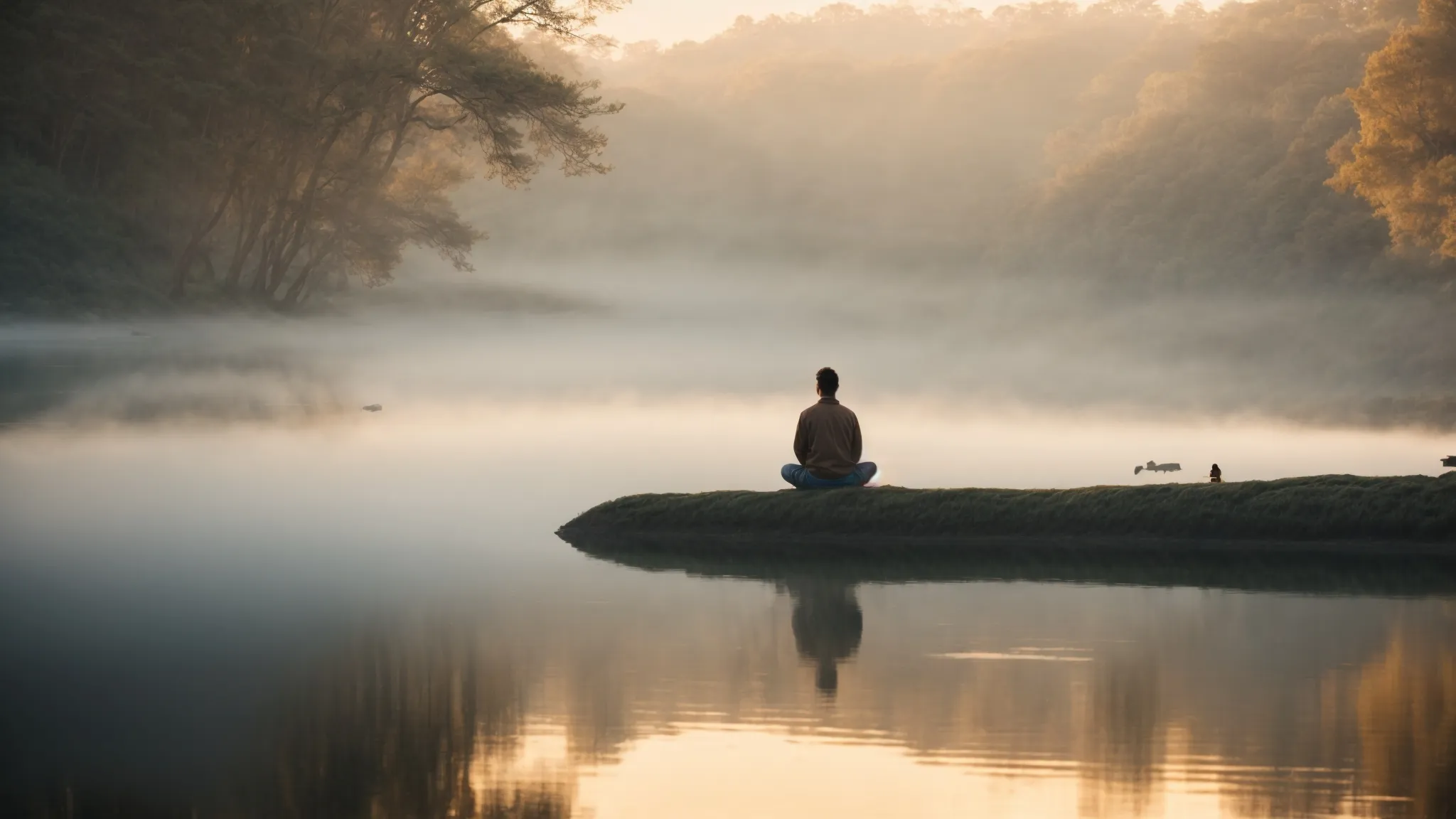 a serene lake at sunrise with a single person meditating on the shore, surrounded by mist.