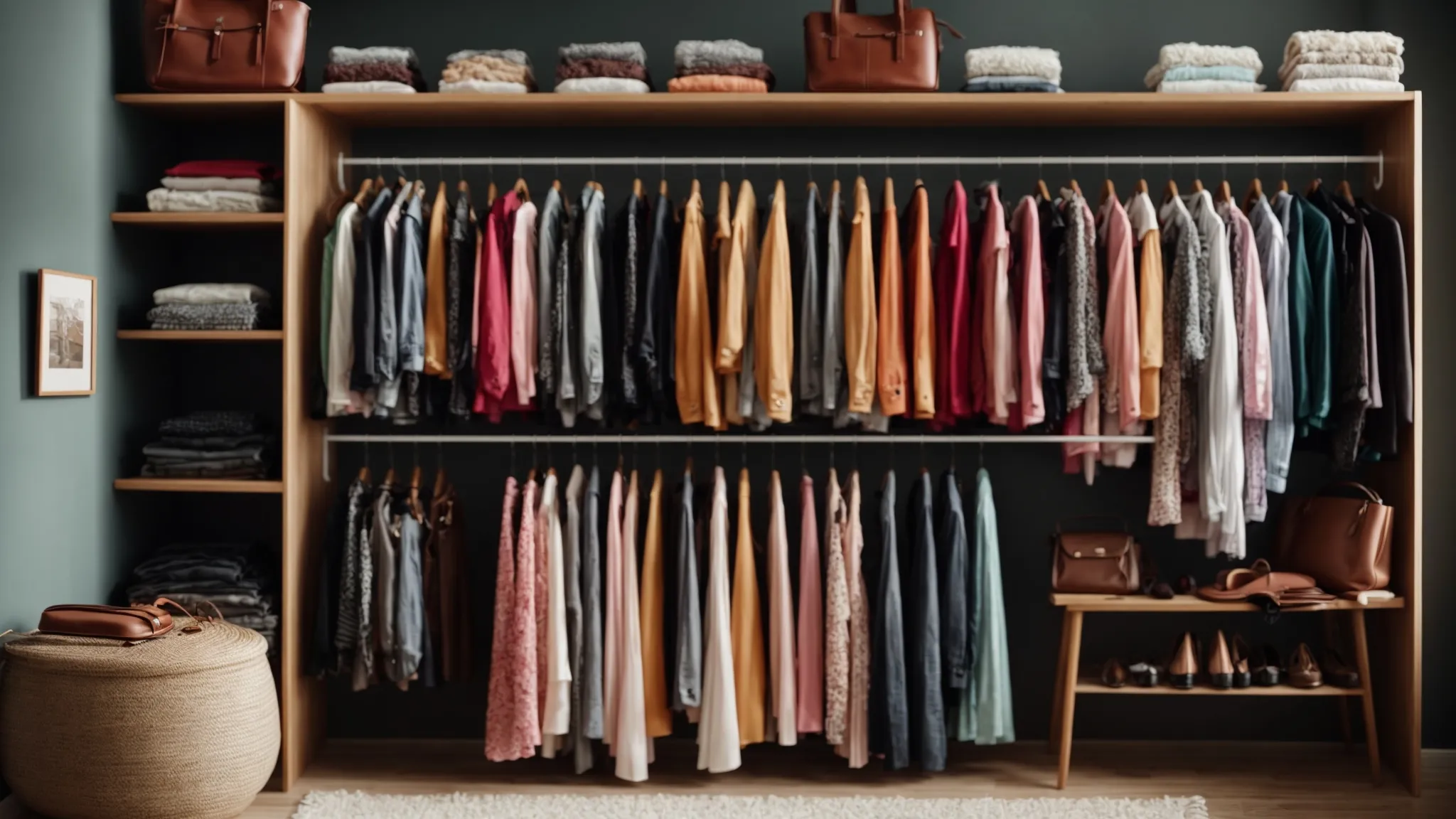 a neatly organized closet showcasing a variety of colorful, stylish clothes on hangers.
