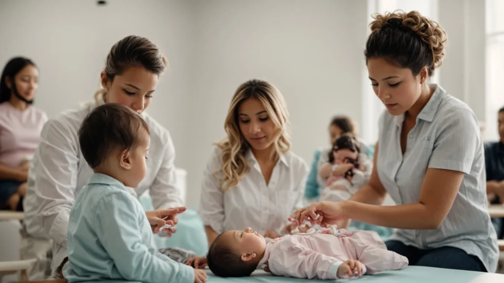 a focused instructor demonstrates infant cpr techniques on a baby mannequin to a group of attentive new parents in a bright classroom.