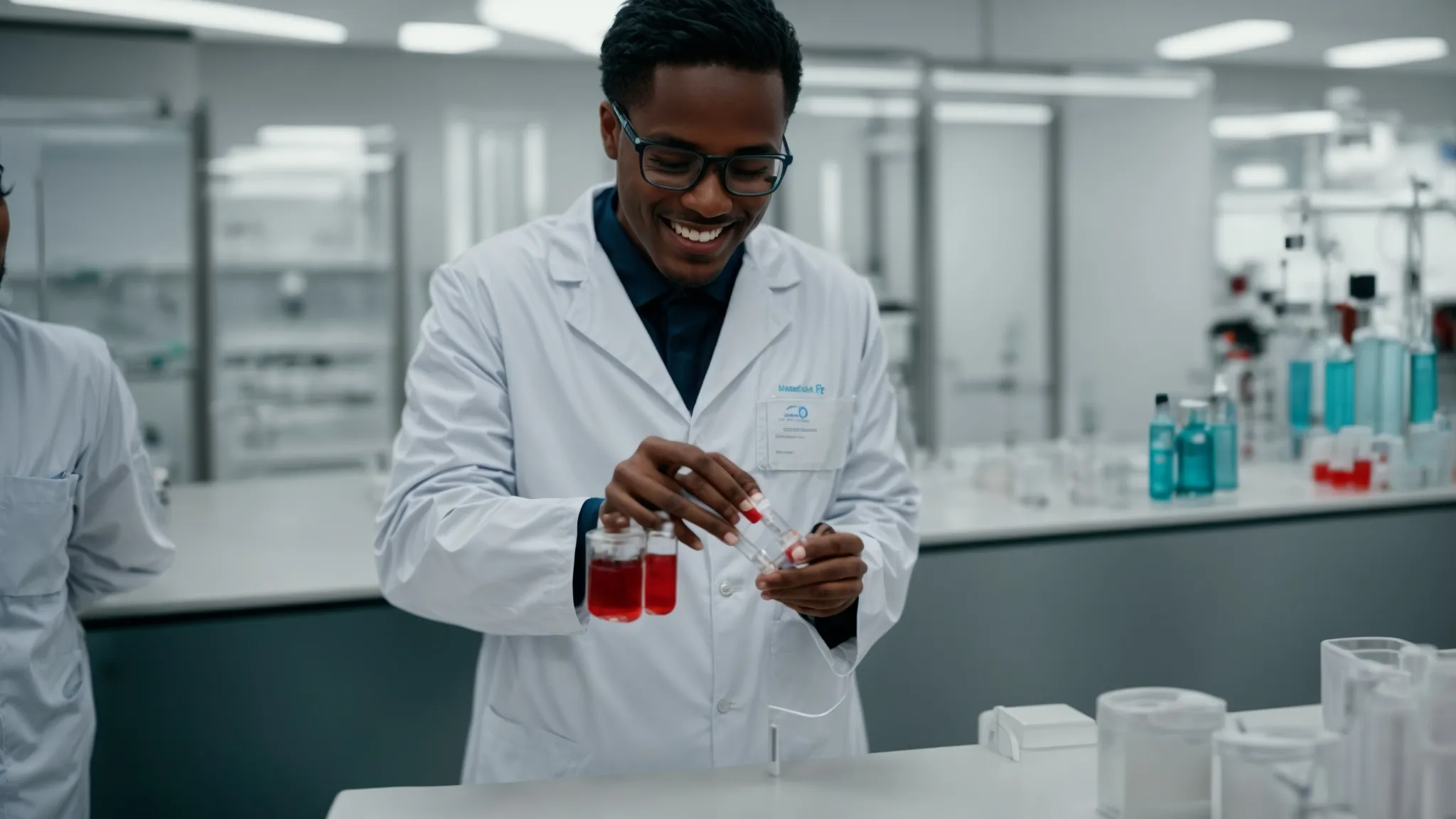 a person smiling at a healthcare professional who is holding a blood sample vial in a laboratory setting.