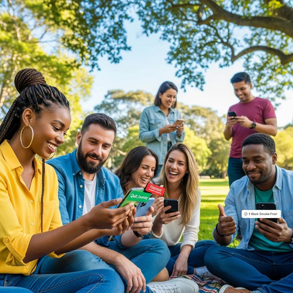 Diverse individuals using quit smoking apps in a park, representing community support in nicotine cessation