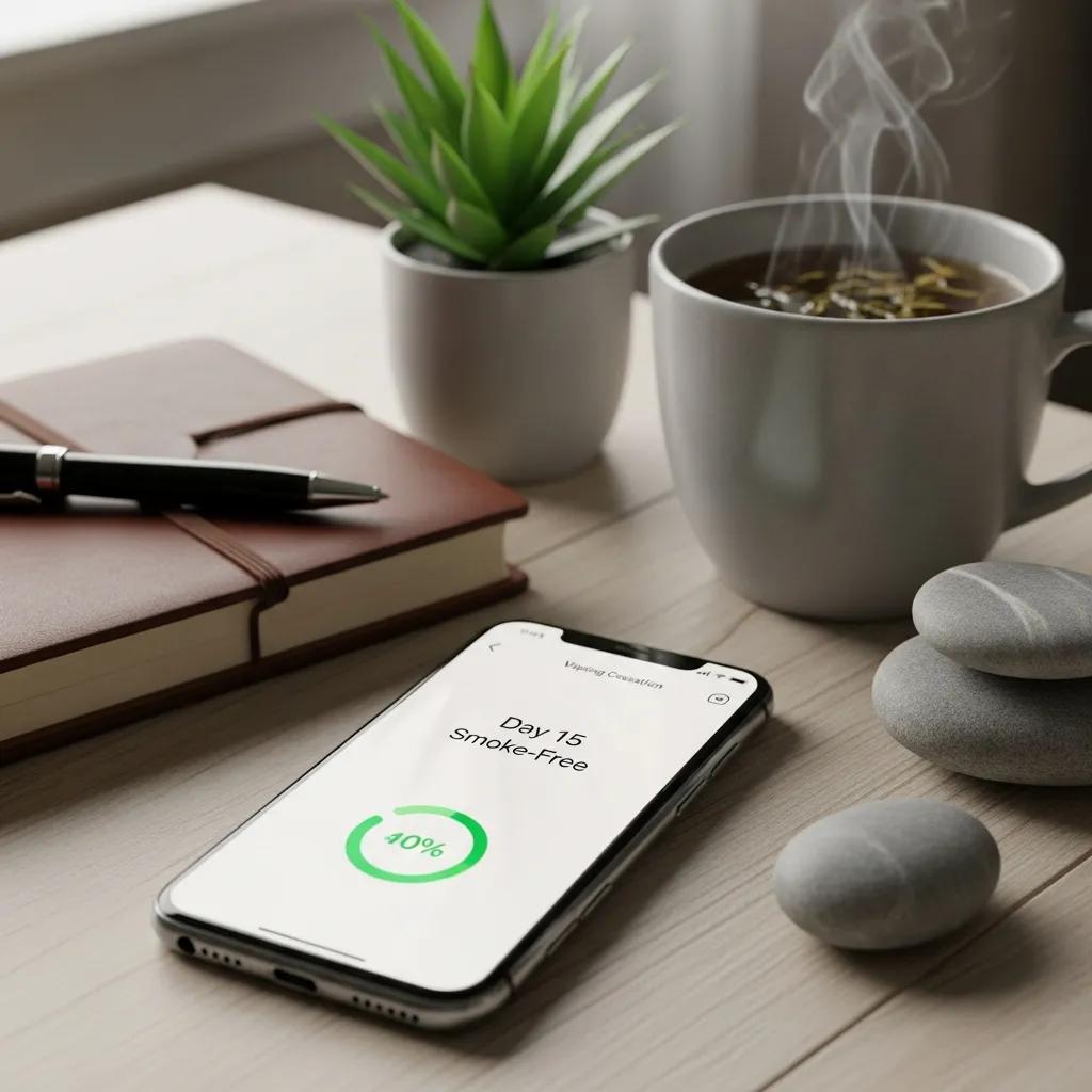 Smartphone with vaping cessation app, surrounded by motivational items for nicotine recovery