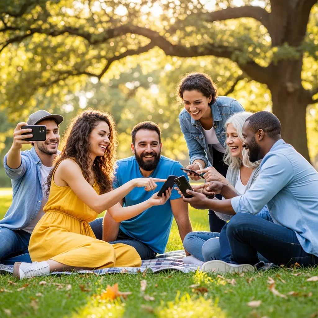 Diverse individuals using quit smoking apps in a park, representing community support in nicotine cessation