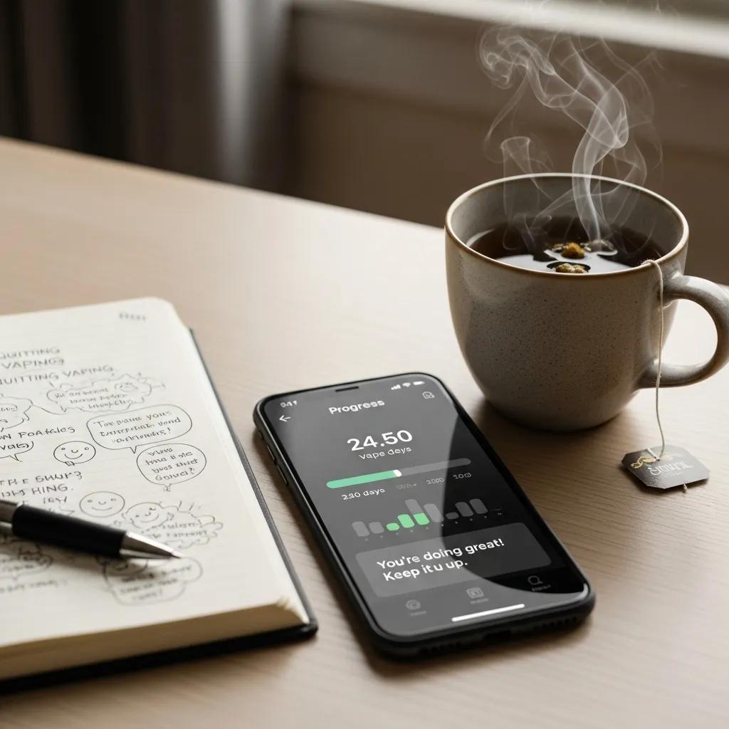 Smartphone with vaping cessation app, surrounded by motivational items for quitting vaping